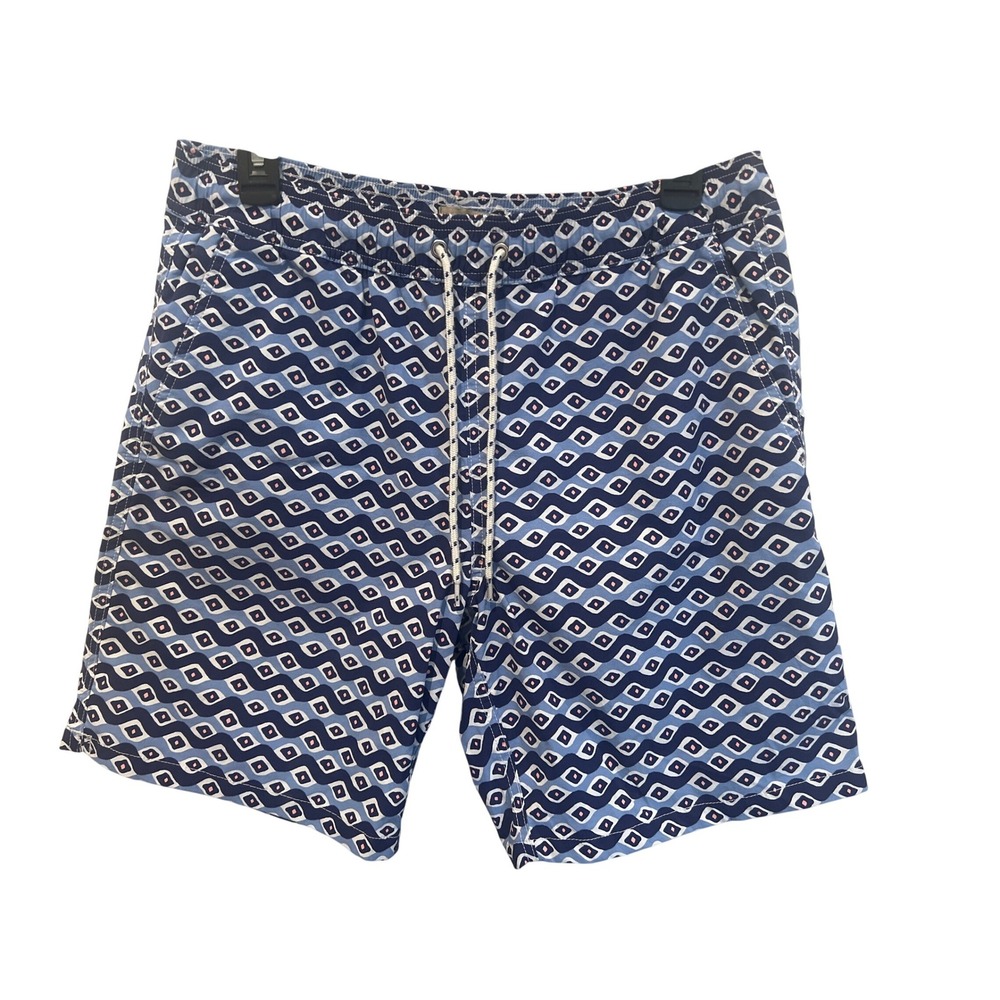 J. Crew Mens Blue Geometric Wave Print Swim Trunks‎ Mesh Lining Size M